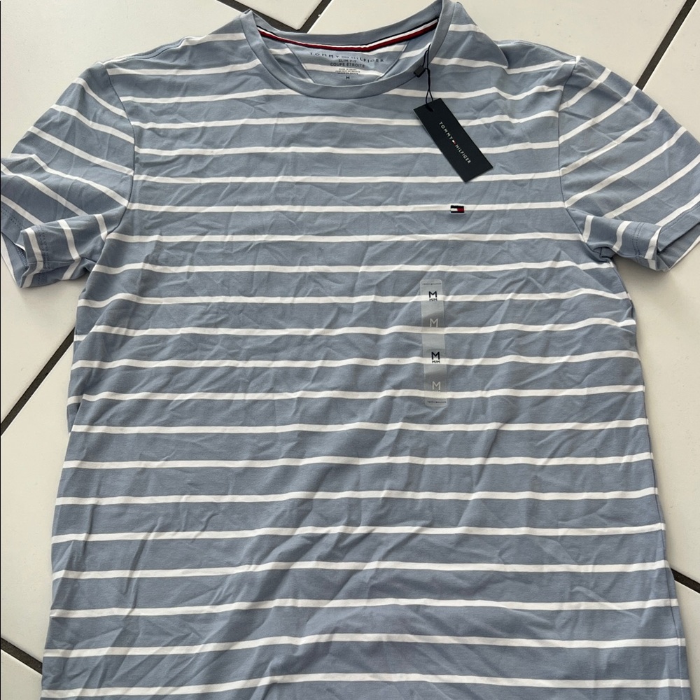 Tommy Hilfiger Light Blue and White Striped Crew Neck Tee